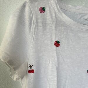 Talbots Petite Medium White Embroidered Fruit T-Shirt Strawberries Cherries